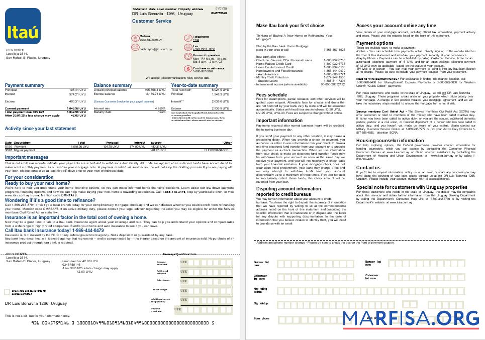 Blank Uruguay Itau bank mortgage statement in Word and PDF formats, 2 pages sample